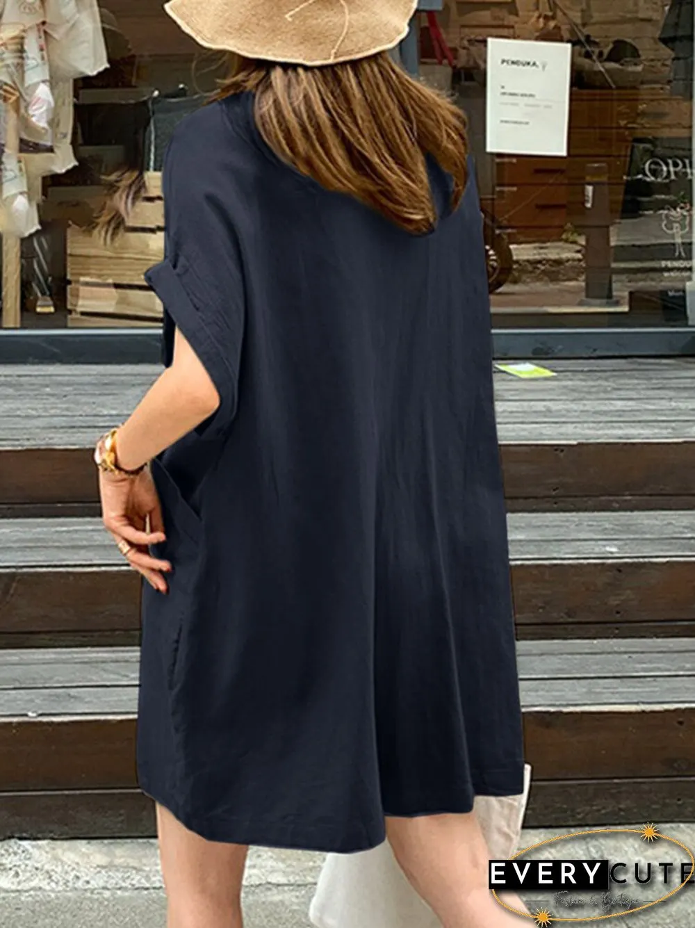 Solid Loose Pocket Button Lapel Short Sleeve Romper