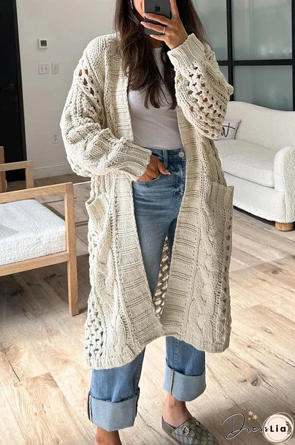 Jamila Knit Cable Cotout Long Sleeve Pocket Oversized Midi Cardigan