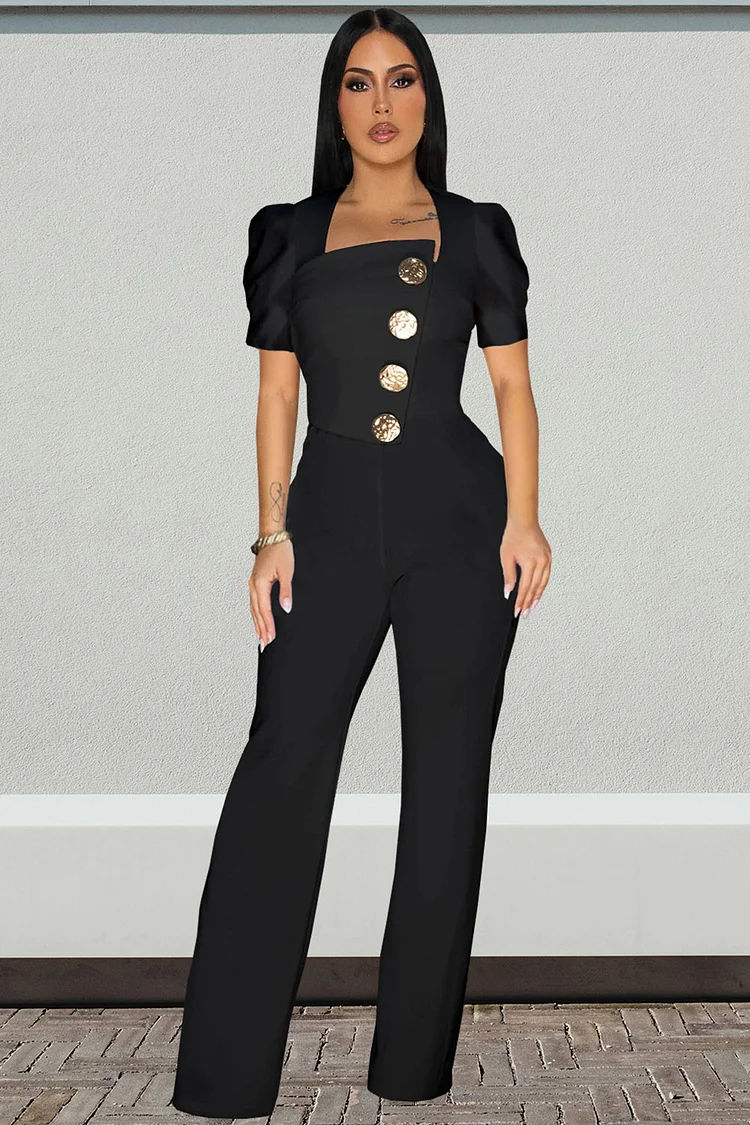 Square Neck Large Button Puff Sleeve Jumpsuit-Black
