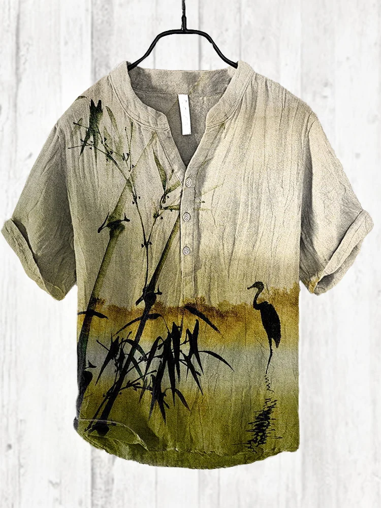 Comstylish Vintage Japanese Bamboo Print Cozy Cotton Linen Shirt
