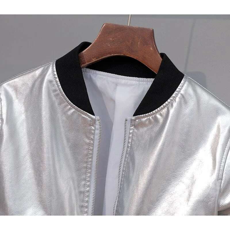 FTLZZ 2020 New Autumn Women Short Silver Pu Faux Leather Jacket O-neck Zipper Long Sleeve Motorcycle Biker Slim Coat Outwear