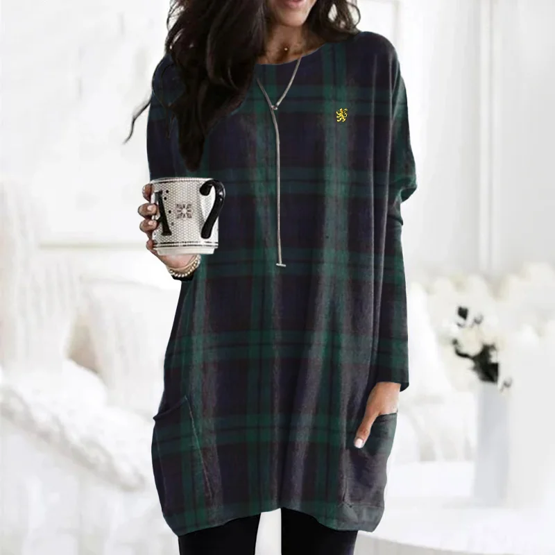 Vintage Scotland Lion Embroidered Plaid Pocket Casual Tunic