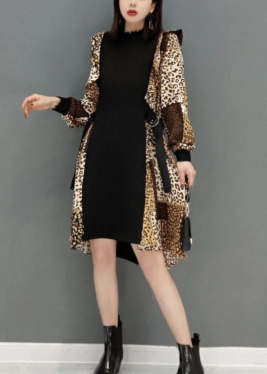 Boho Leopard print tie waist Patchwork Chiffon Dresses