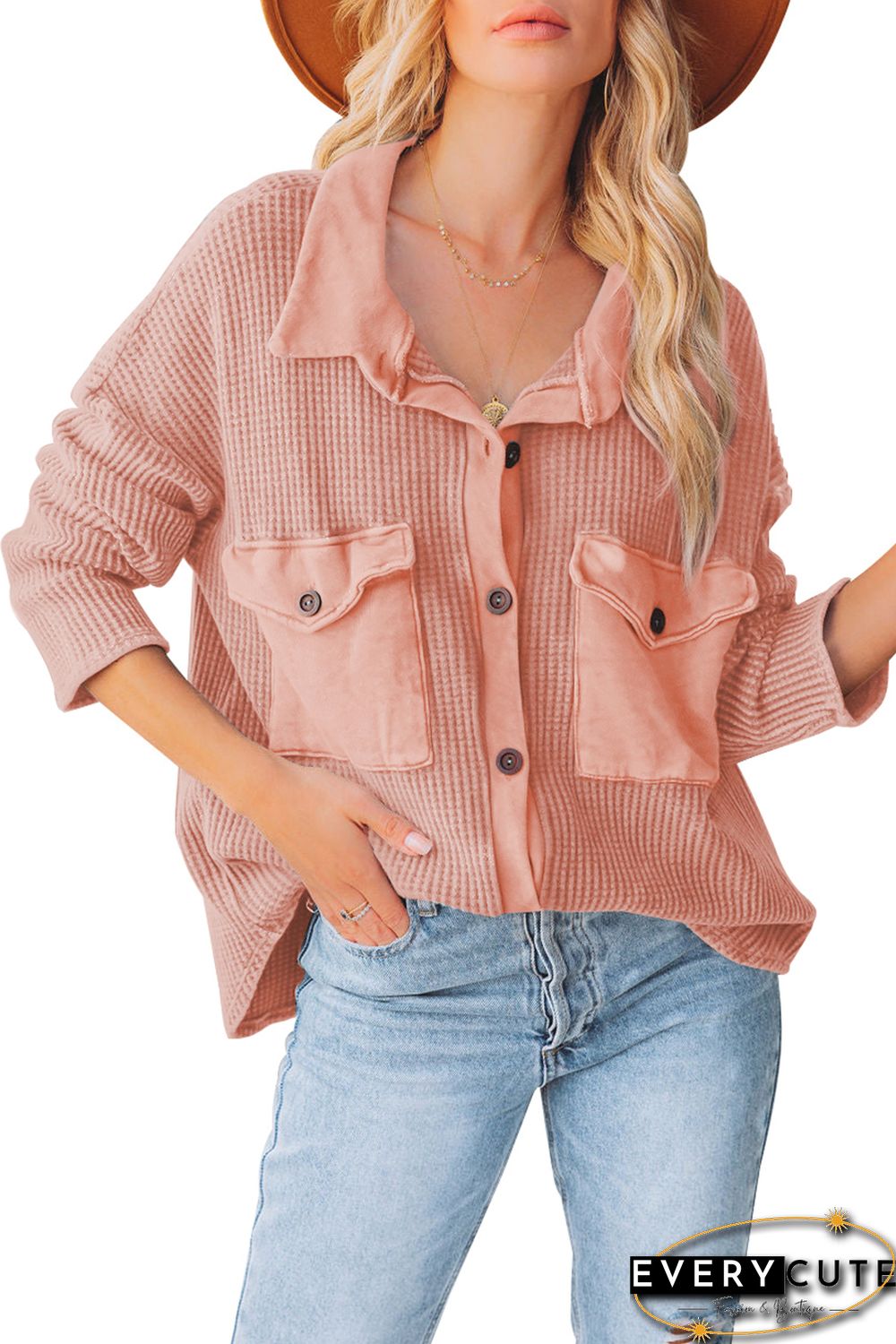 Pink Chest Flap Pockets Waffle Knit Shacket