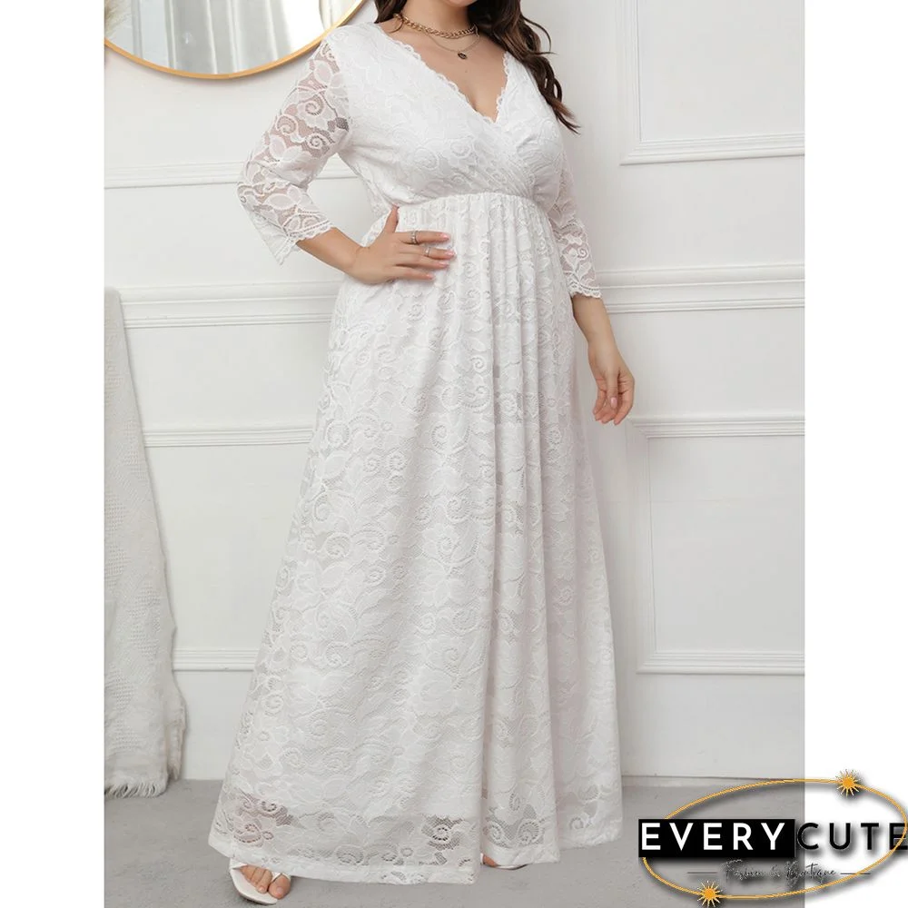 White V-Neck Lace Plus Size Dress
