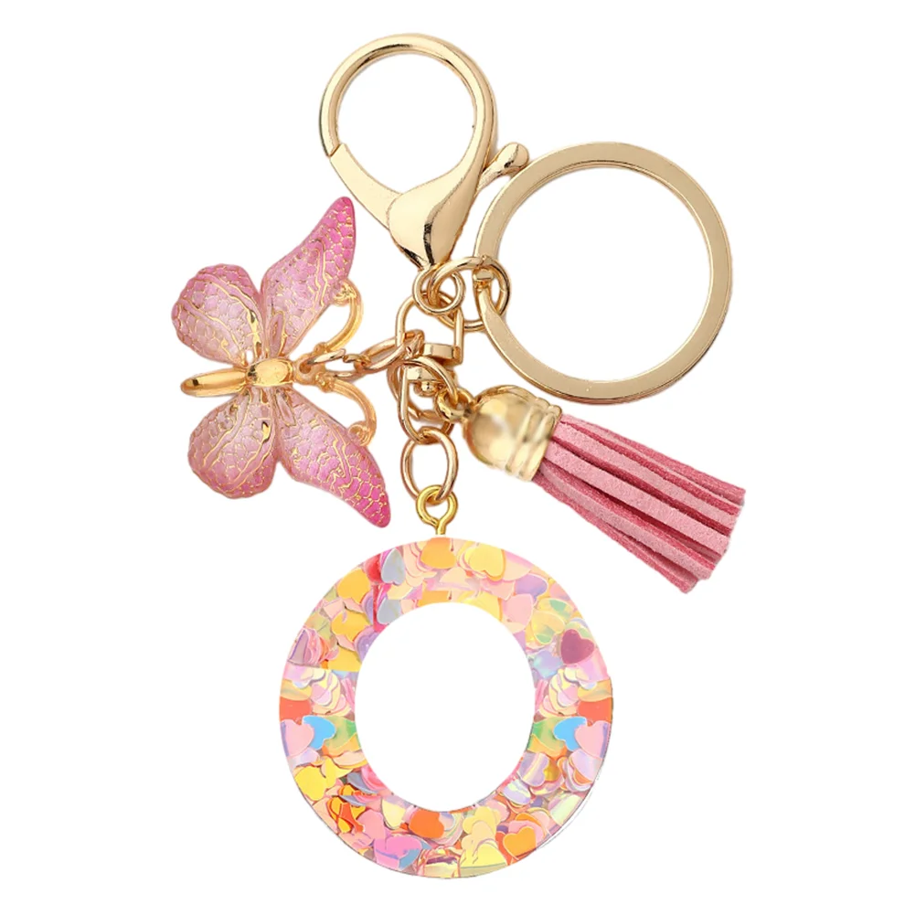 Resin Initial Letter Keychains Alphabet Letter Keychain Pink Tassel Butterfly Key Ring