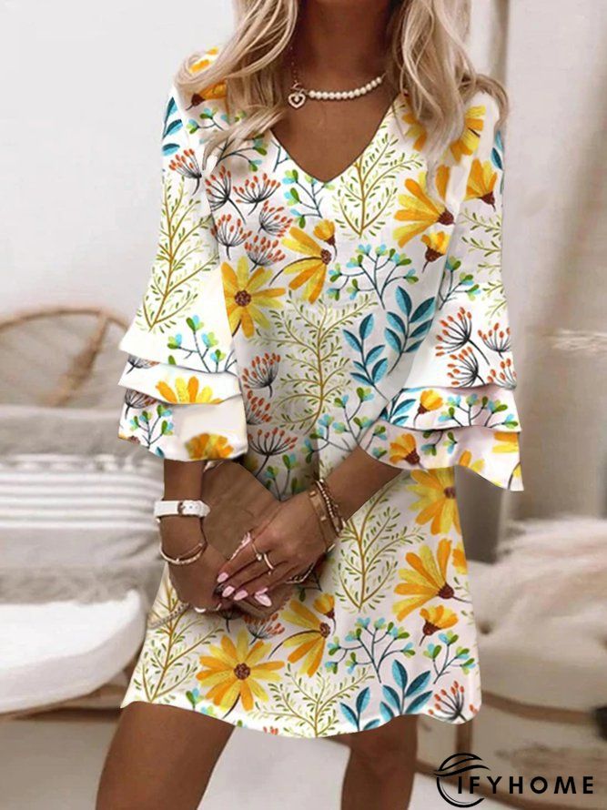 3/4 Sleeve V Neck Cotton-Blend Weaving Tunic Dress | IFYHOME