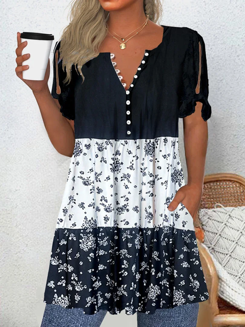 Women Half Sleeve V-neck Solid Color Dress
