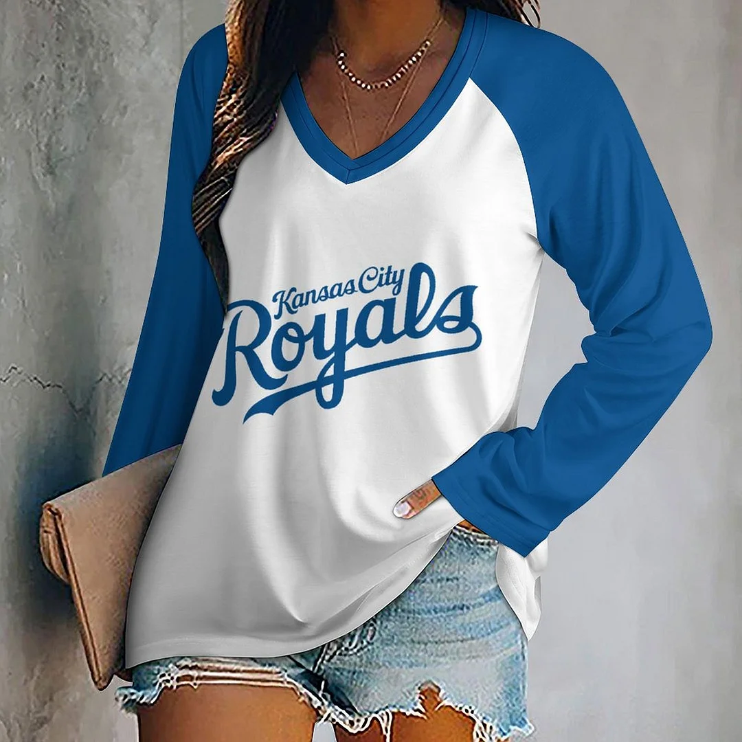 V-neck Long Sleeve Casual T-shirt for  Women and Men Printed with Pattern,Blue,Light Blue,Gold,White