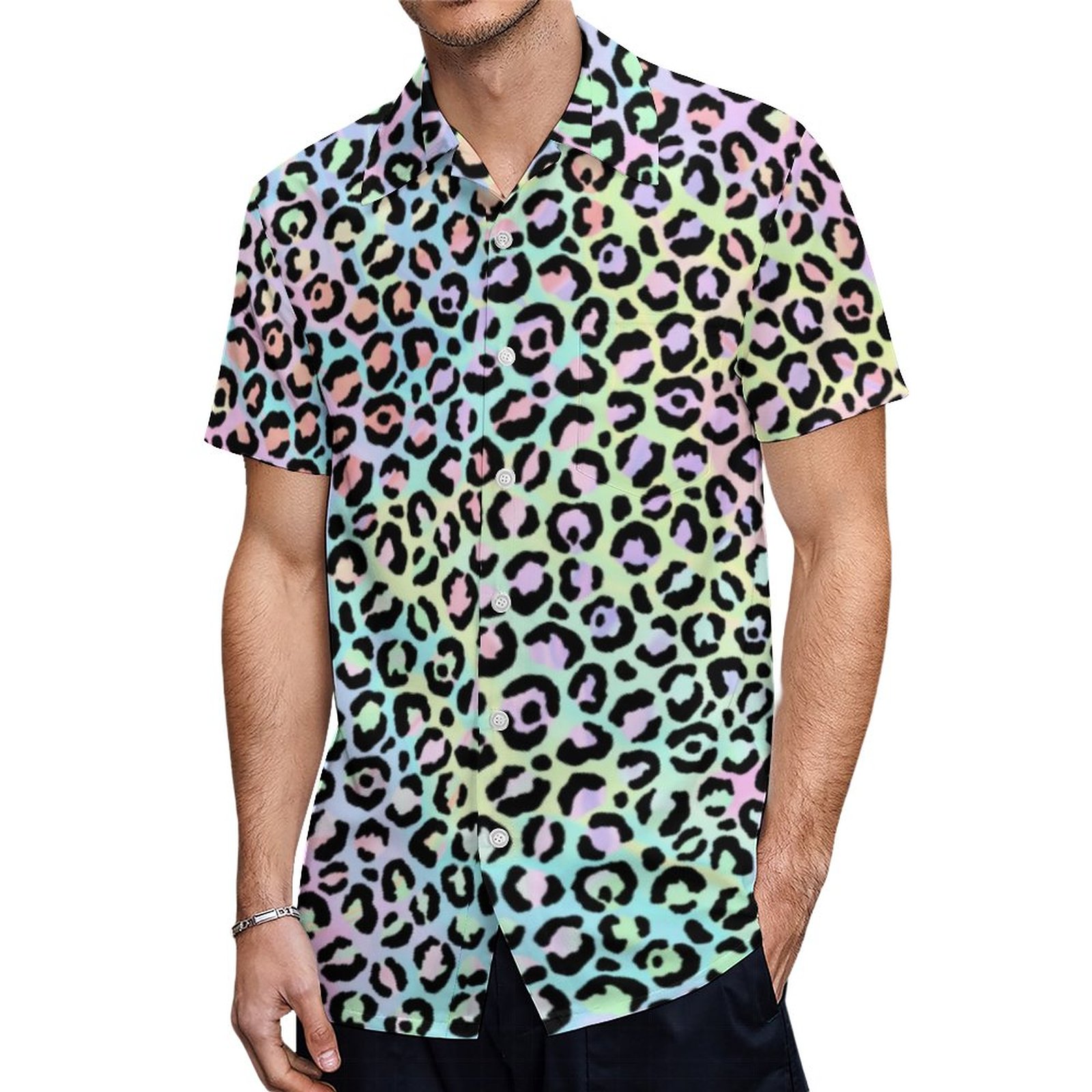 Mint Green Iridescent Gradient Leopard Hawaiian Shirt Mens Button Down Plus Size Tropical Hawaii Beach Shirts
