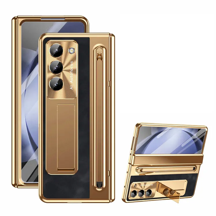 Leather Golden Electroplated Phone Case With Back Screen Glass and Stylus For Galaxy Z Fold 8/7/6/5/4