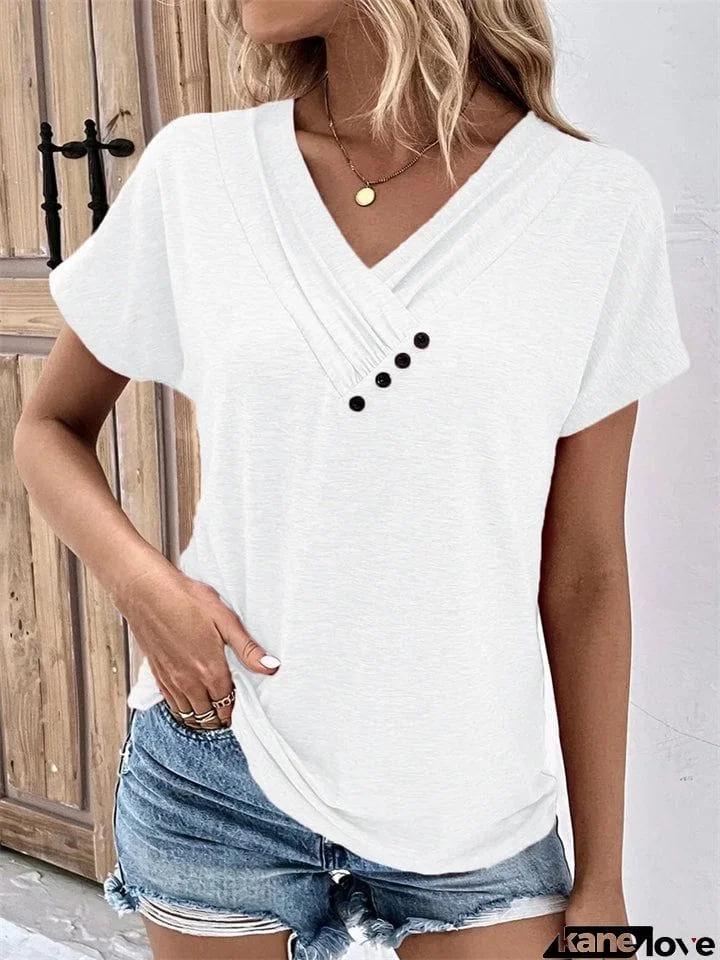 Women's V Neck Decorative Buttons Short Sleeve Fit T-shirt