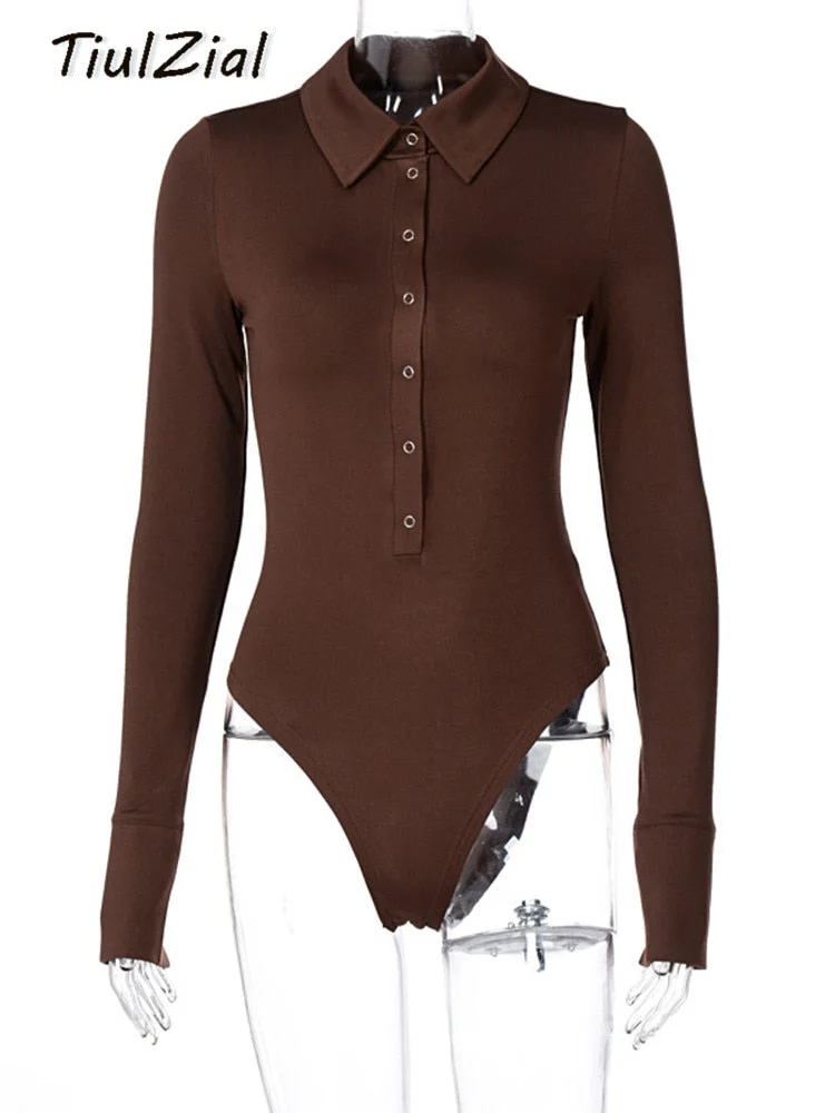 Button Autumn Winter Long Sleeve Bodysuit Women Turn Down Casual Bodysuit For Woman Body Female Black White Brown Tops