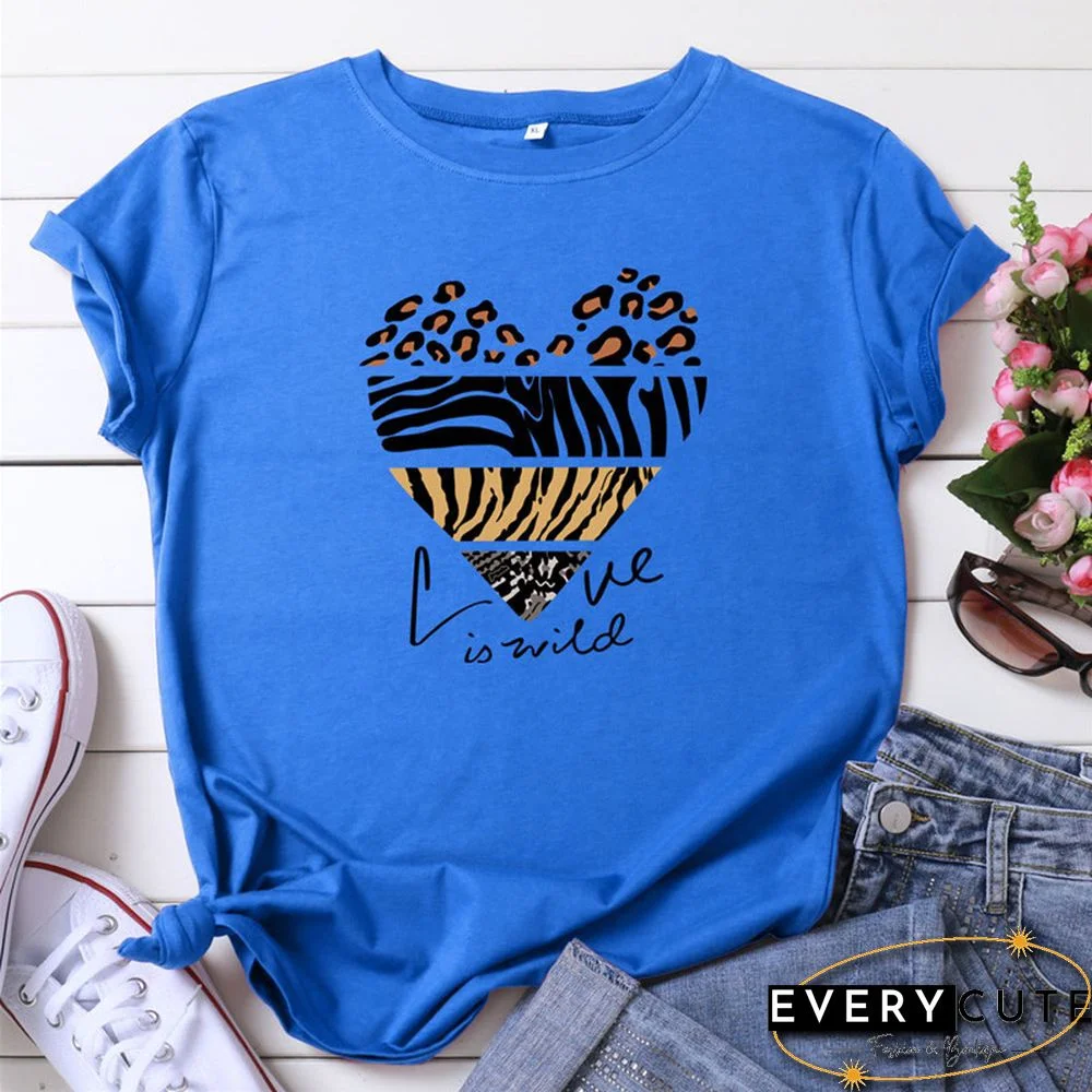 White Woman Tshirts Summer TShirt Fashion Heart Leopard Print Shirt 100%Cotton Tops O Neck Short Sleeve Tees Women Graphic Tee