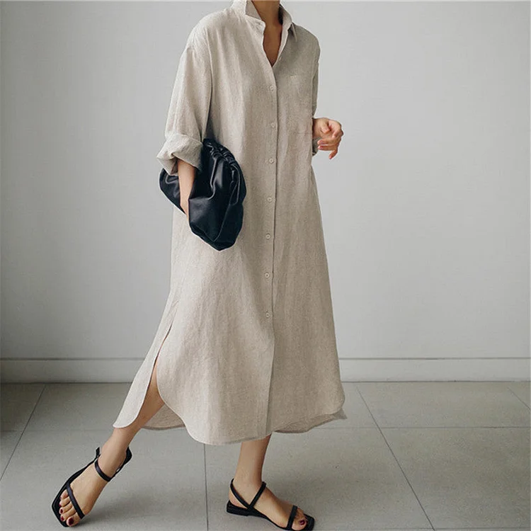 Cotton linen shirt dress loose irregular cardigan long knee casual dress