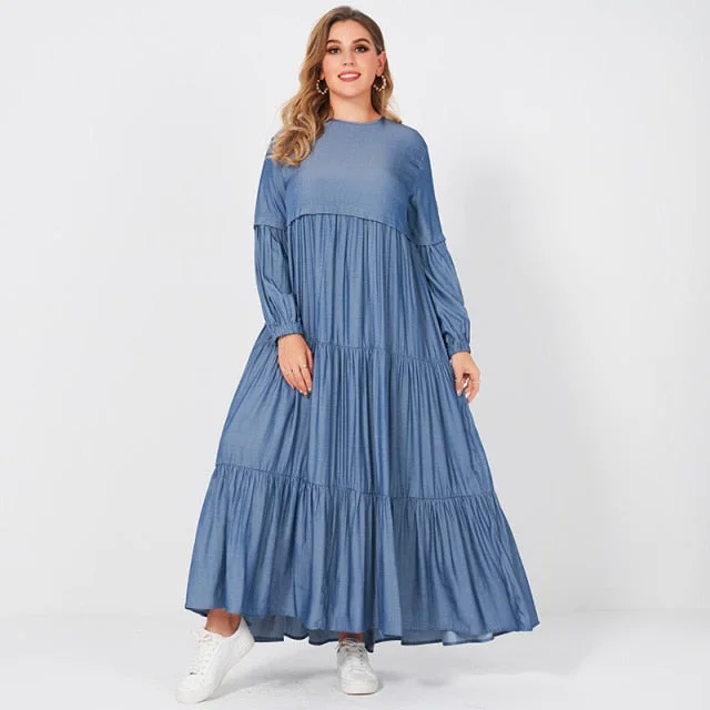 New Summer Women Long Dress Fashion Sweet Pure Blue Color O-Neck Pleated Cake Loose Large Size Big Swing Long Sleeve Dresses