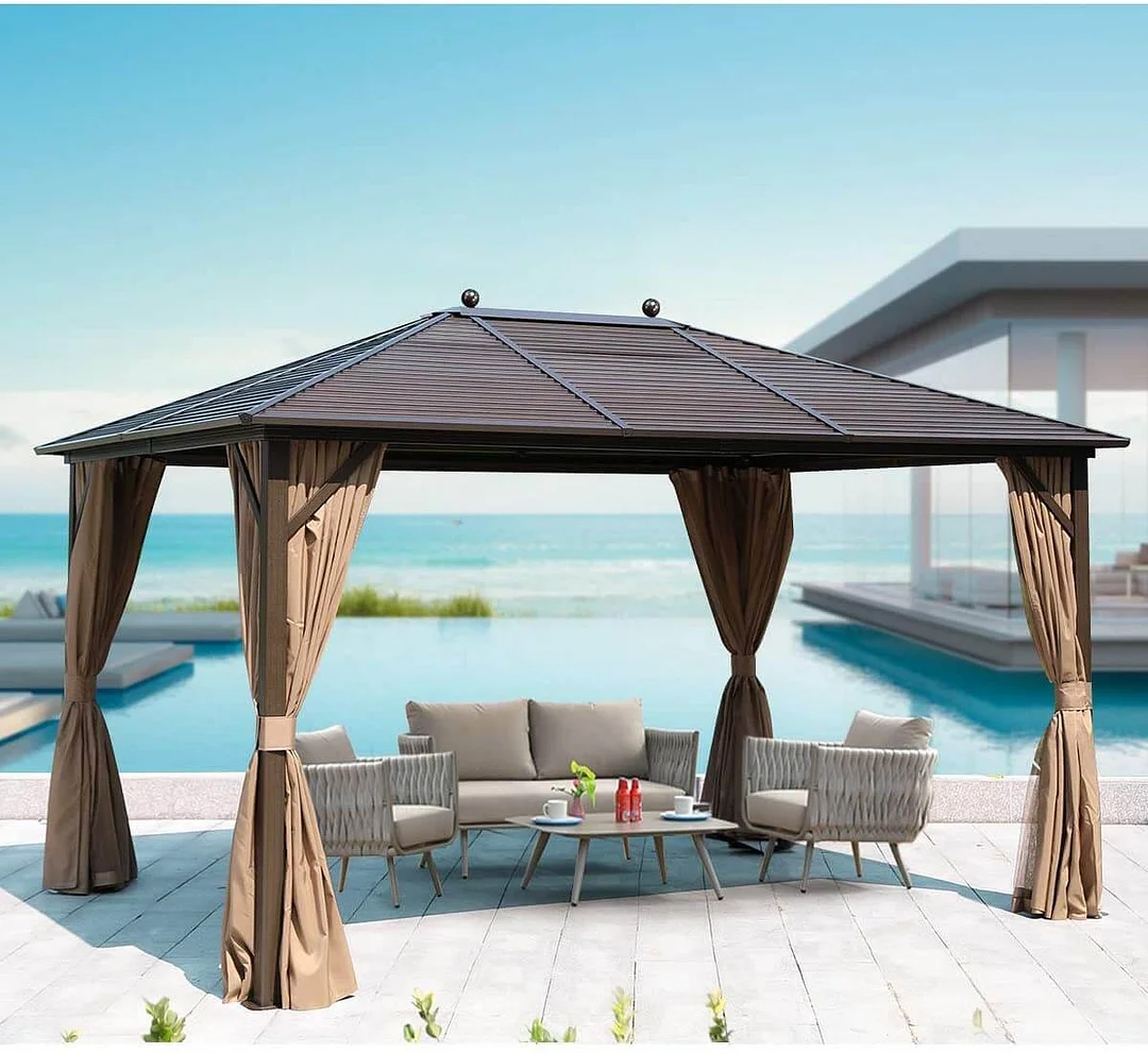 10'X13' Galvanized Steel Hardtop Gazebo Aluminum Frame With Netting Curtains