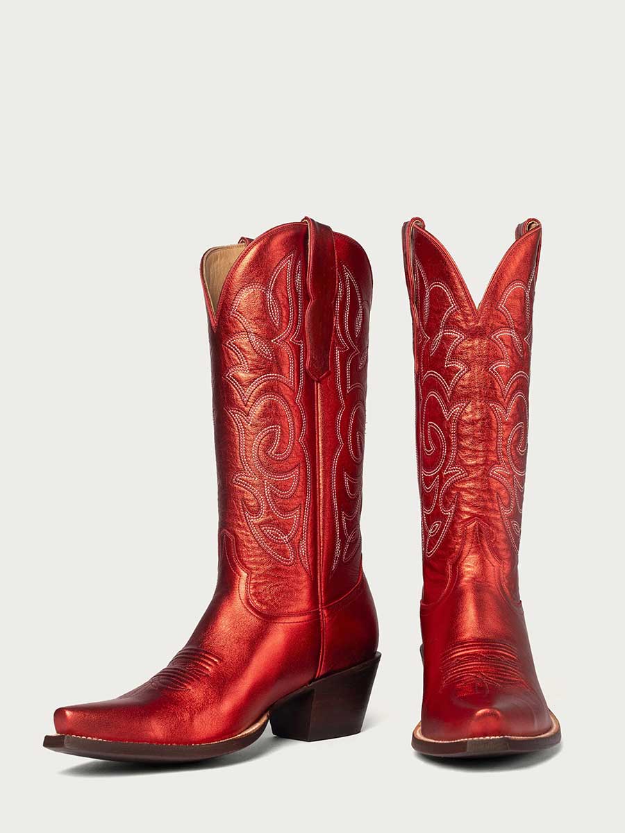 Red Vegan Leather Snip Toe Shiny Knee High Embroidered Cowgirl Boots