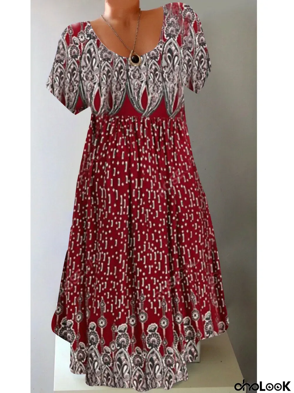 Women Casual Short Sleeve Scoop Neck Floral Printed Midi Dress