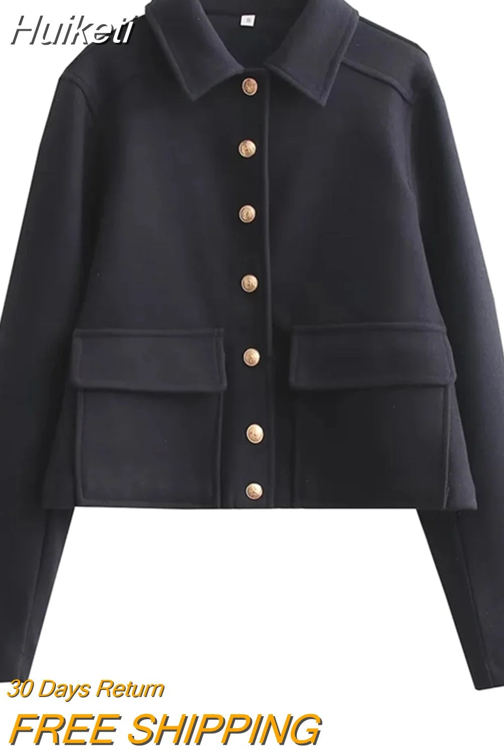 Huiketi 2023 Autumn Women Jacket Coat With Button Bomber Outerwear Women Thicken Coat Women's Gray Navy Cropped Tops Streetwear