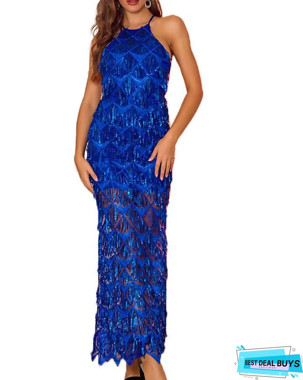 Women's A Line Dress Maxi Long Dress Black Blue Red Blushing Pink Sleeveless Solid Color Backless Sequins Summer Round Neck Elegant Sexy