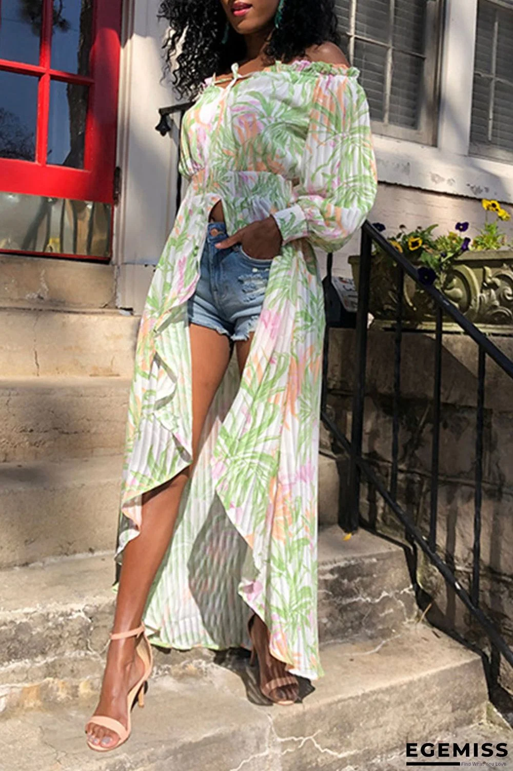 Light Green Sweet Print Patchwork Asymmetrical Off the Shoulder Printed Dress Dresses | EGEMISS
