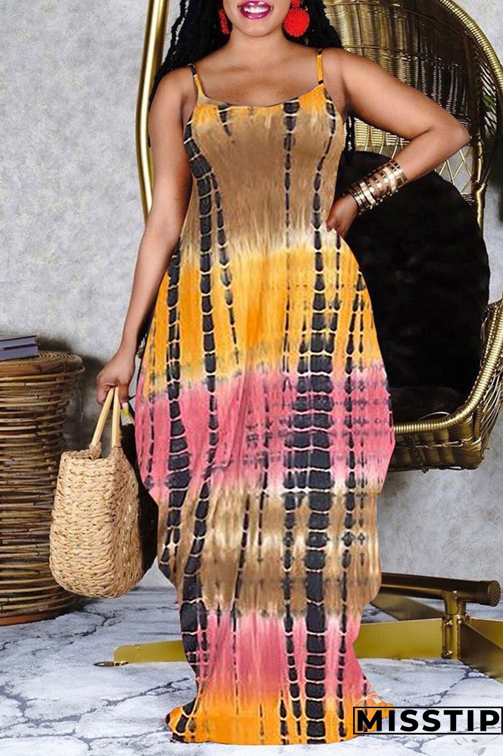 Khaki Fashion Casual Plus Size Print Basic Spaghetti Strap Sleeveless Dress