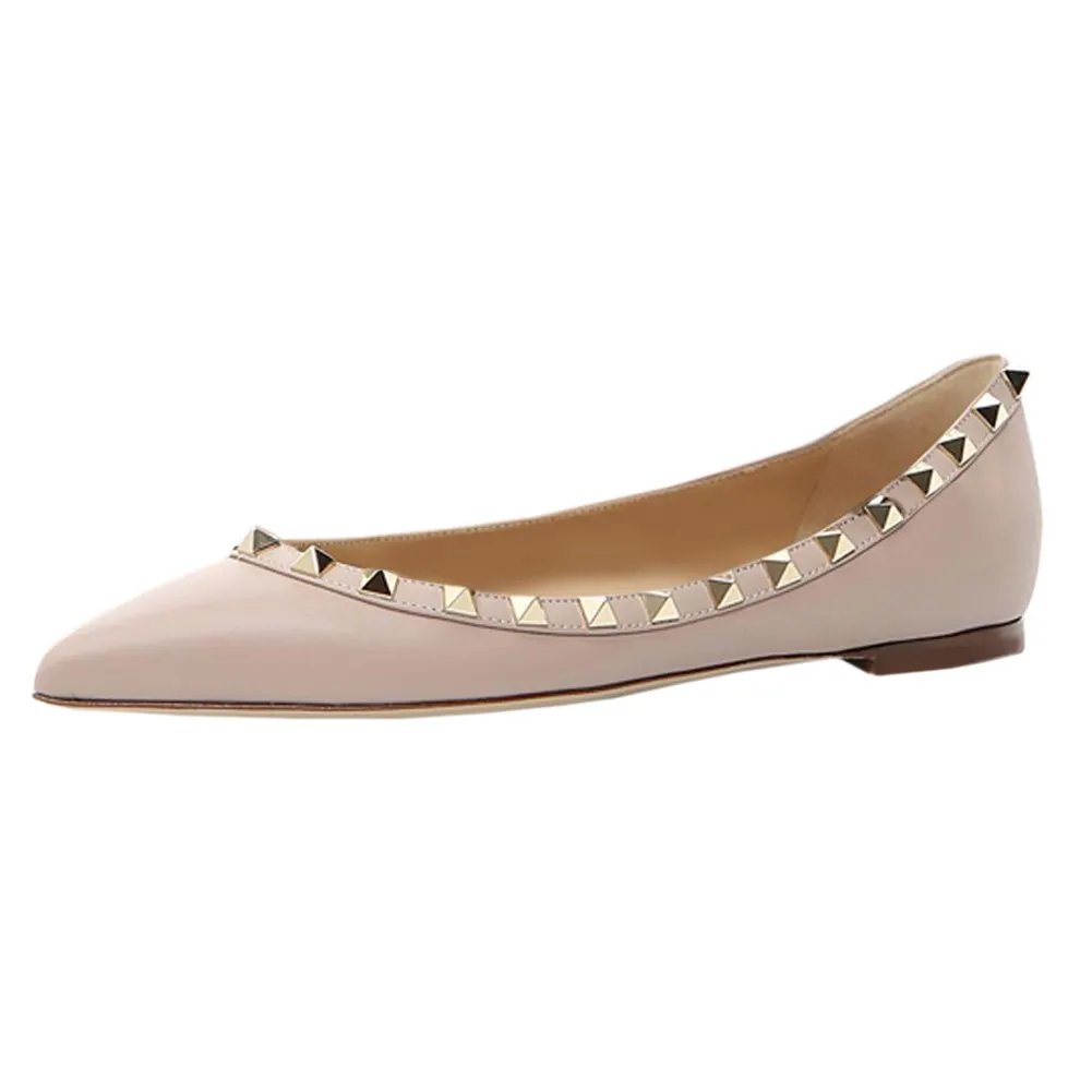 Pointed Toe Flats For Women Fashion Rivets Comfort Ballet Beige Matte Flats Shoes-vocosishoes
