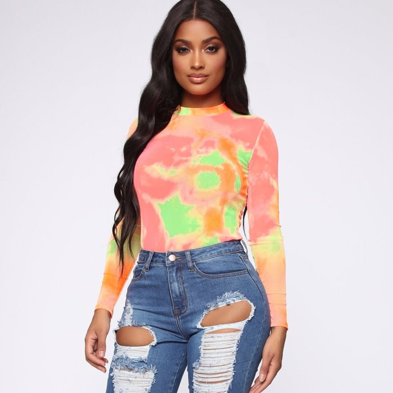 Dulzura 2019 autumn winter women bodysuit tie dye long sleeve streetwear festival clothes body office one piece rompers bodycon