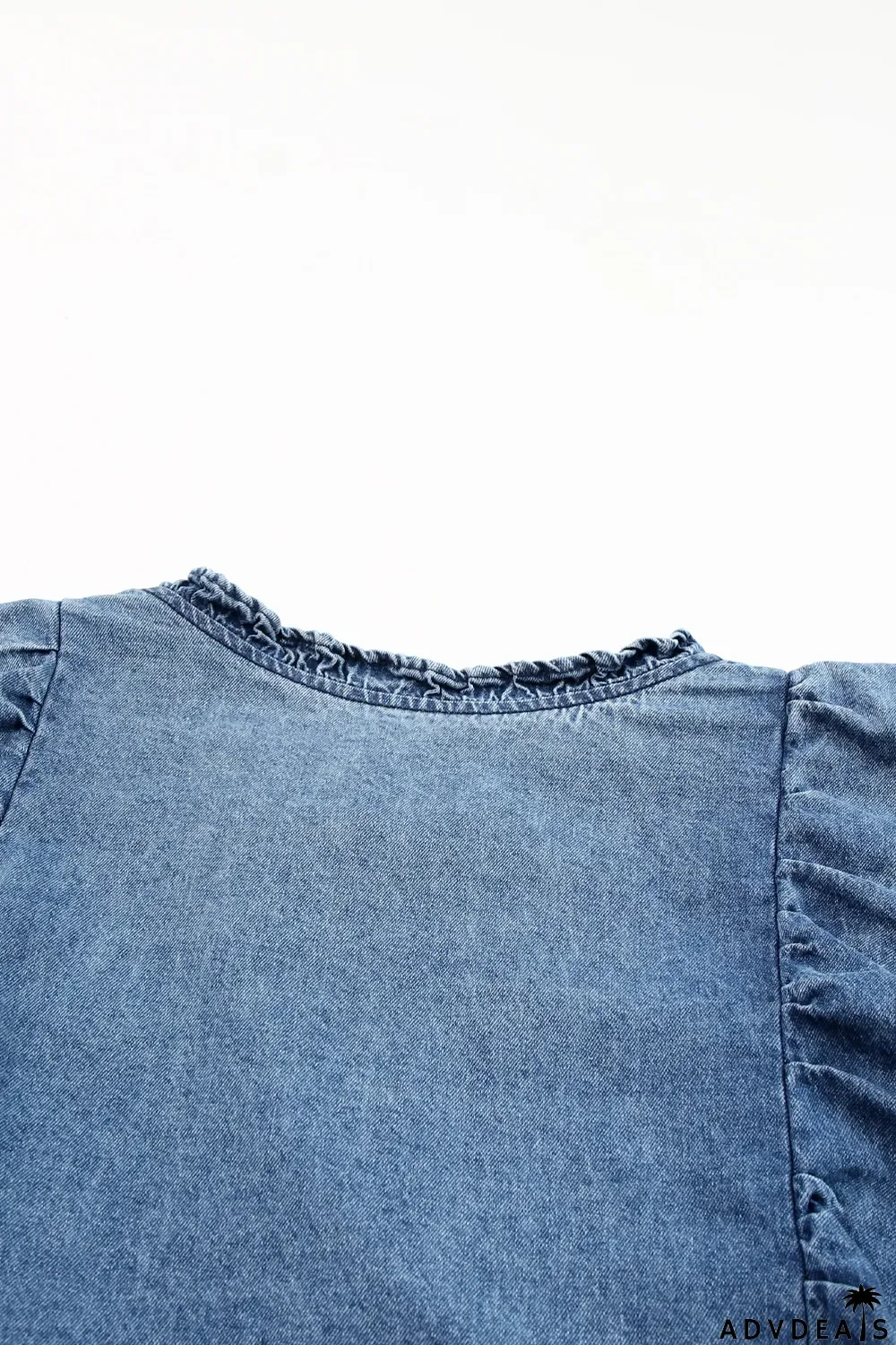 Sky Blue Ruffle Trim Half Sleeve Denim Shirt