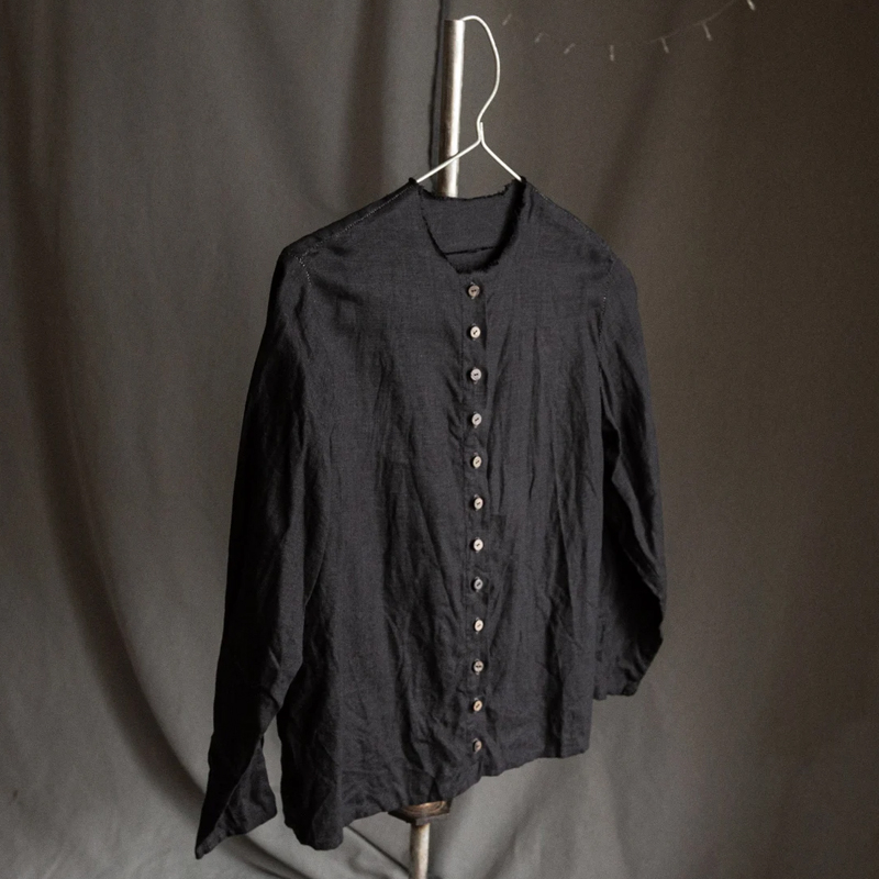 Men's Black Linen Hand-Stitched Button Shirt