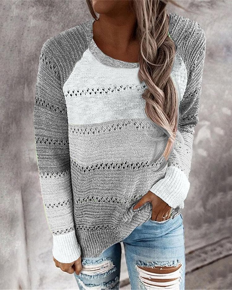 Colorblock Rib-Knit Hollow Out Round Neck Sweater - Shop Trendy Women's Clothing | LoverChic