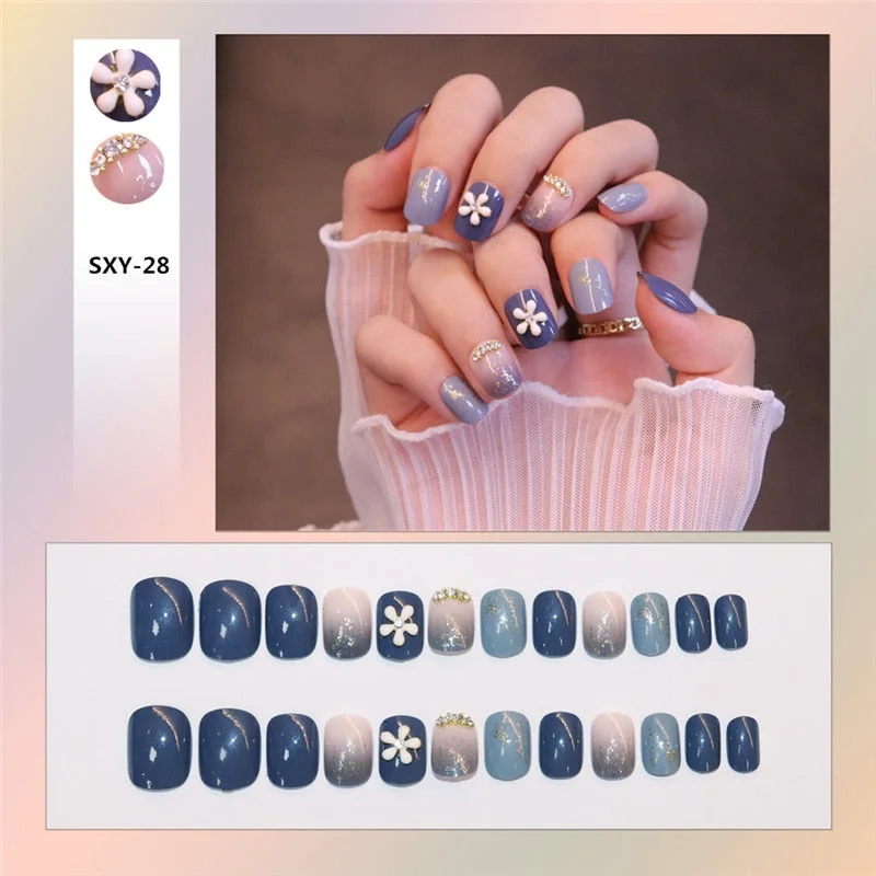 24pcs/box Wearable Finger Fake Nails press on Blue Grey Aurora Effect short size full cover Summer Patch  fake Fingernail tips-Nail Inspo