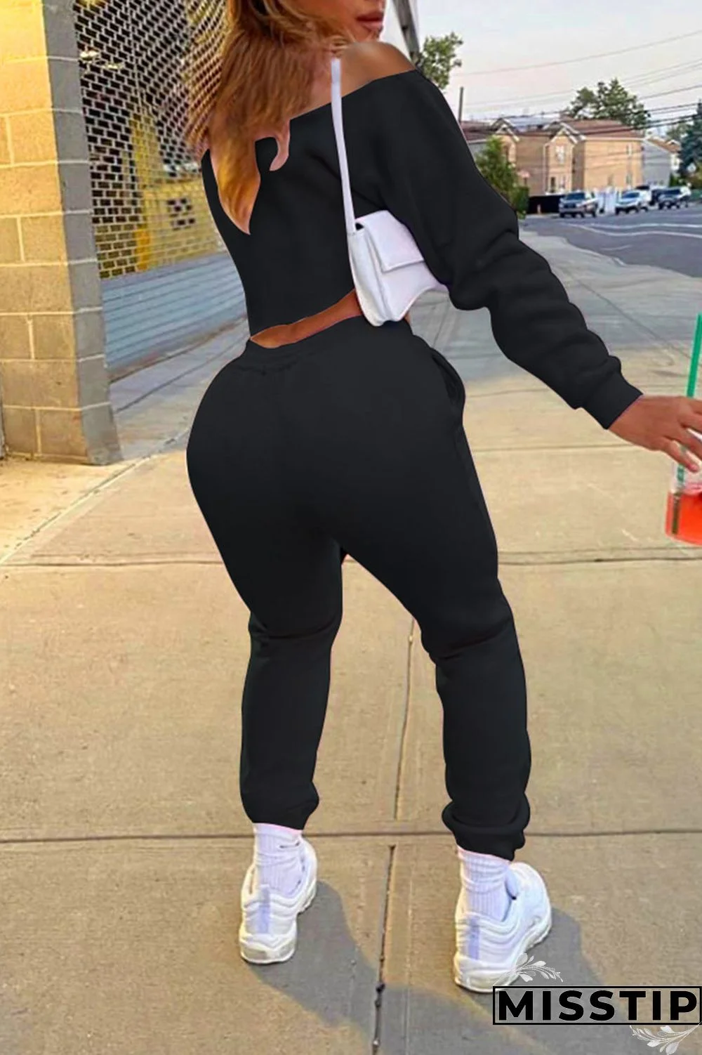 Black Casual Solid Patchwork Off the Shoulder Long Sleeve Two Pieces