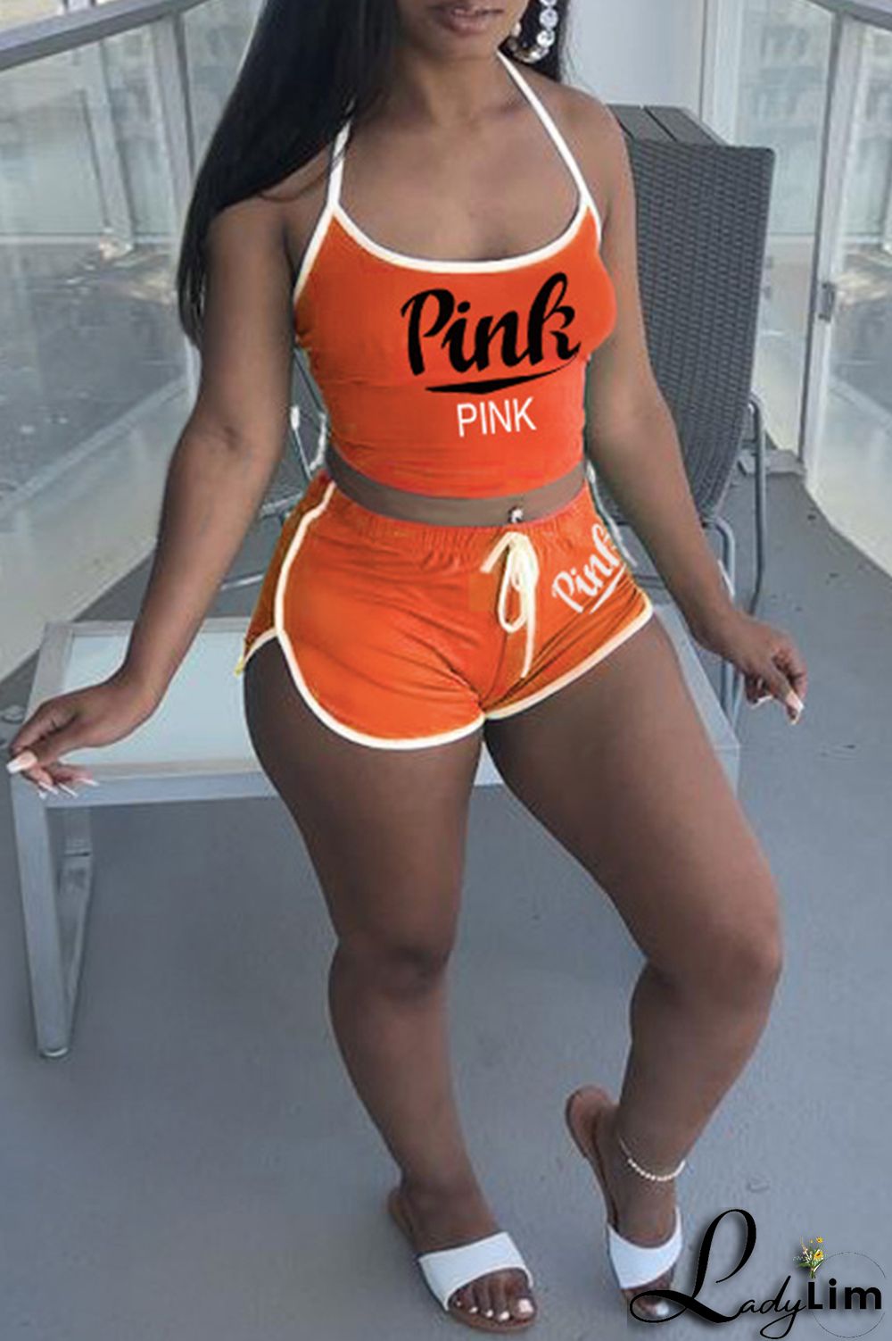 Burgundy Sexy Casual Letter Print Backless Halter Sleeveless Two Pieces