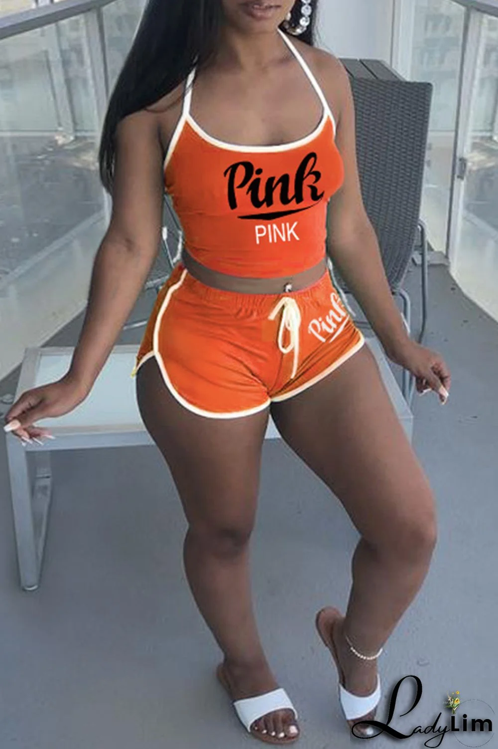 Burgundy Sexy Casual Letter Print Backless Halter Sleeveless Two Pieces