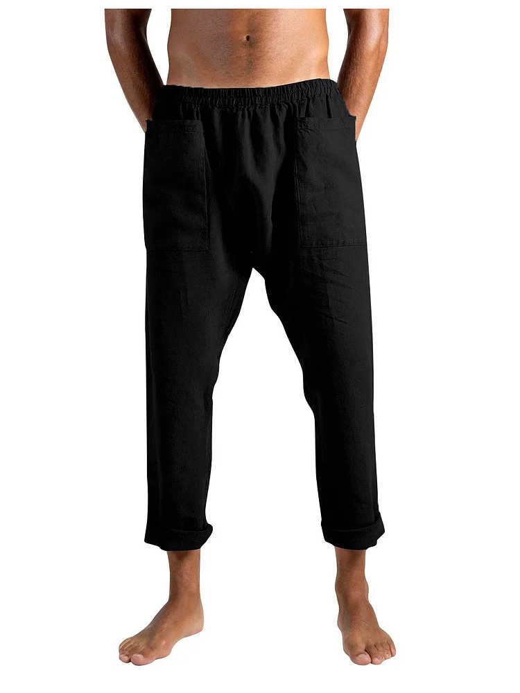 Men's Linen Pocket Splicing Casual Trousers Men's Fashion Straight Large Size Casual Pants