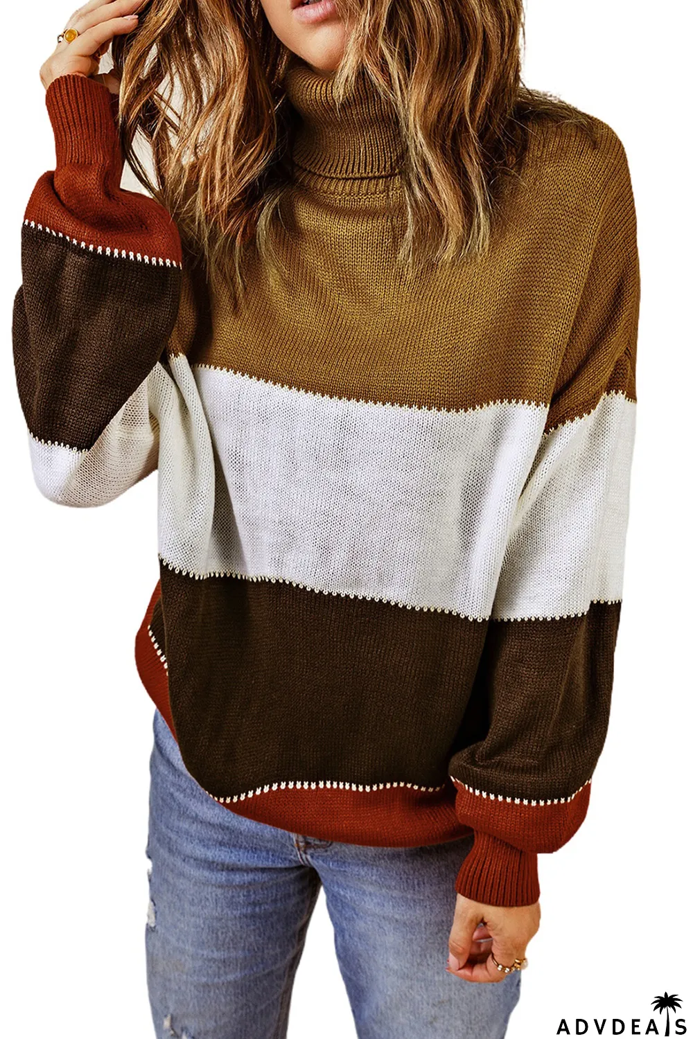 Orange Accent Color Block Turtleneck Chunky Knit Sweater