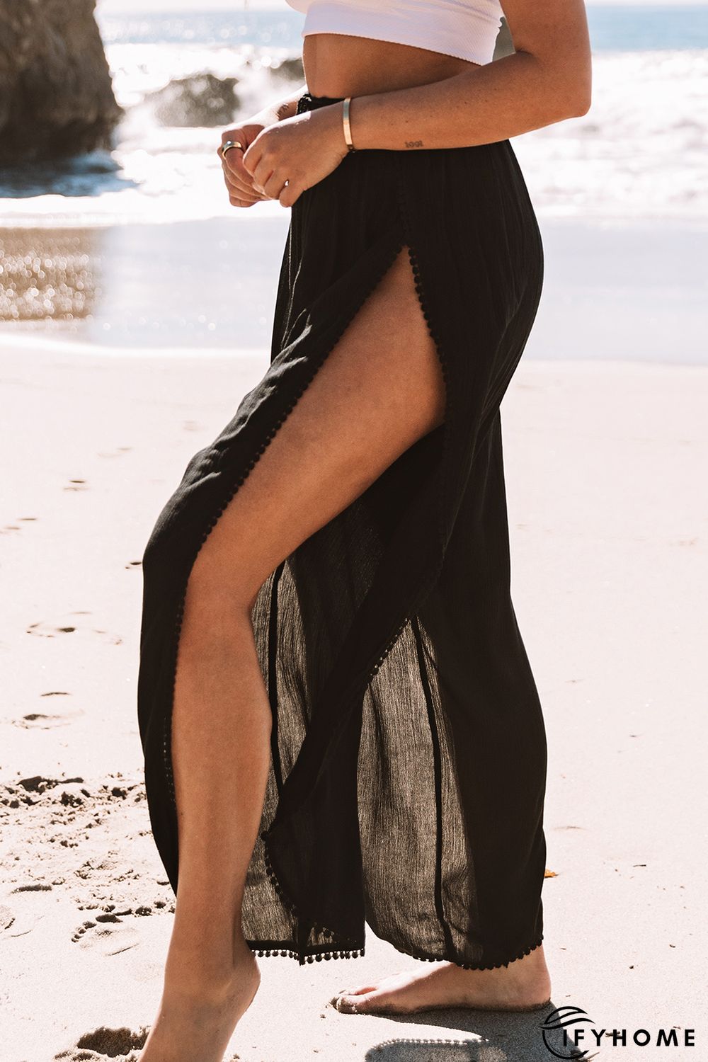 Black Lace Trim Along Split Leg Beach Cover up Pants | IFYHOME