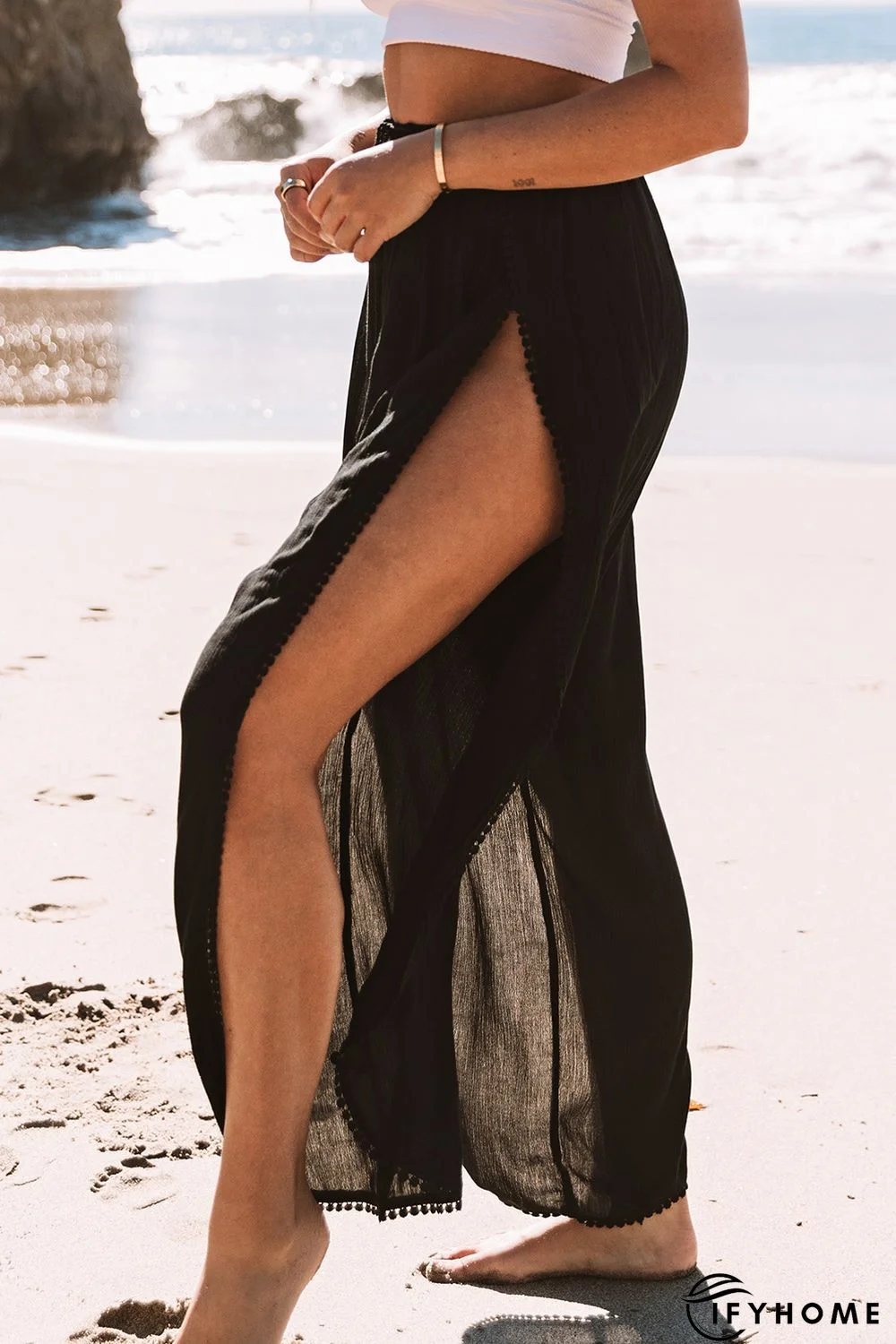 Black Lace Trim Along Split Leg Beach Cover up Pants | IFYHOME
