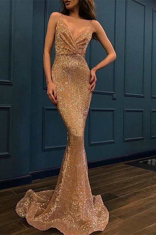 Oknass V-Neck Sleeveless Mermaid Prom Dress Spaghetti-Straps With Sequins