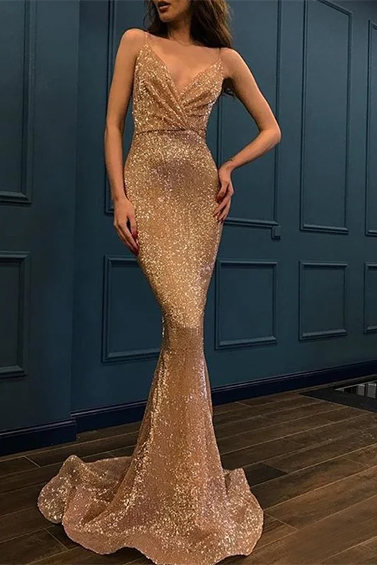 V-Neck Spaghetti-Straps Sleeveless Mermaid Prom Dress With Sequins | Ballbellas Ballbellas
