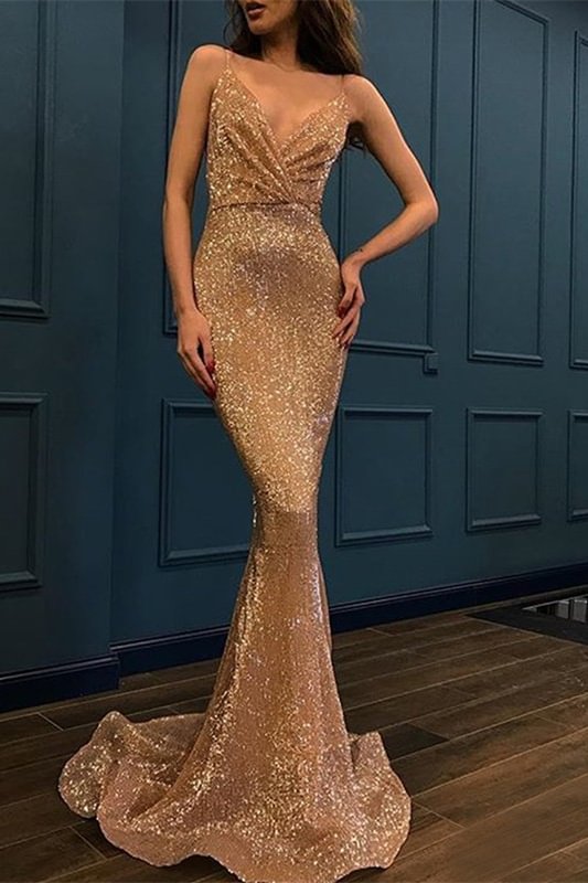 Spaghetti-Straps V-Neck Sleeveless Mermaid Prom Dress With Sequins PD0595 - AZAZEI