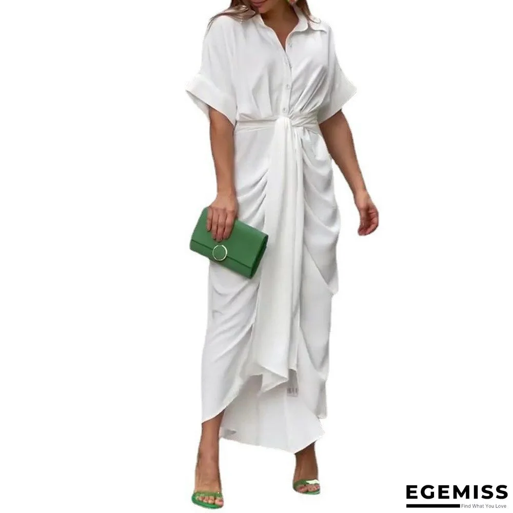 Lapel Mid Length Short Sleeve Single Breasted High Waist Shirt Dress | EGEMISS