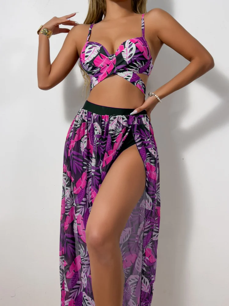 Uveng 2025 New Split Swimsuit Sexy Bikini Net Dress Three-Piece Swimsuit Female Bikini