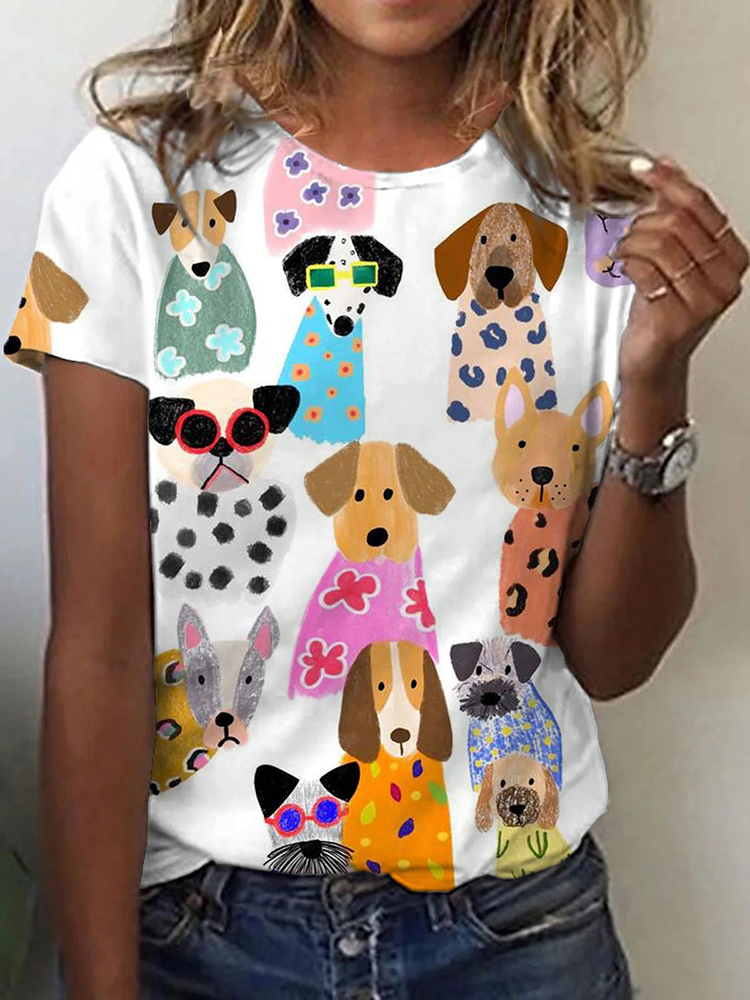 Comstylish Women's Funny Colorful Dogs Print Casual T-Shirt