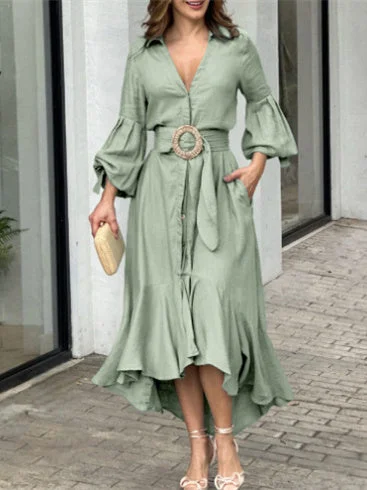 Style & Comfort for Mature Women Women's Long Sleeve V-neck Solid Color Lace-up Midi Dress