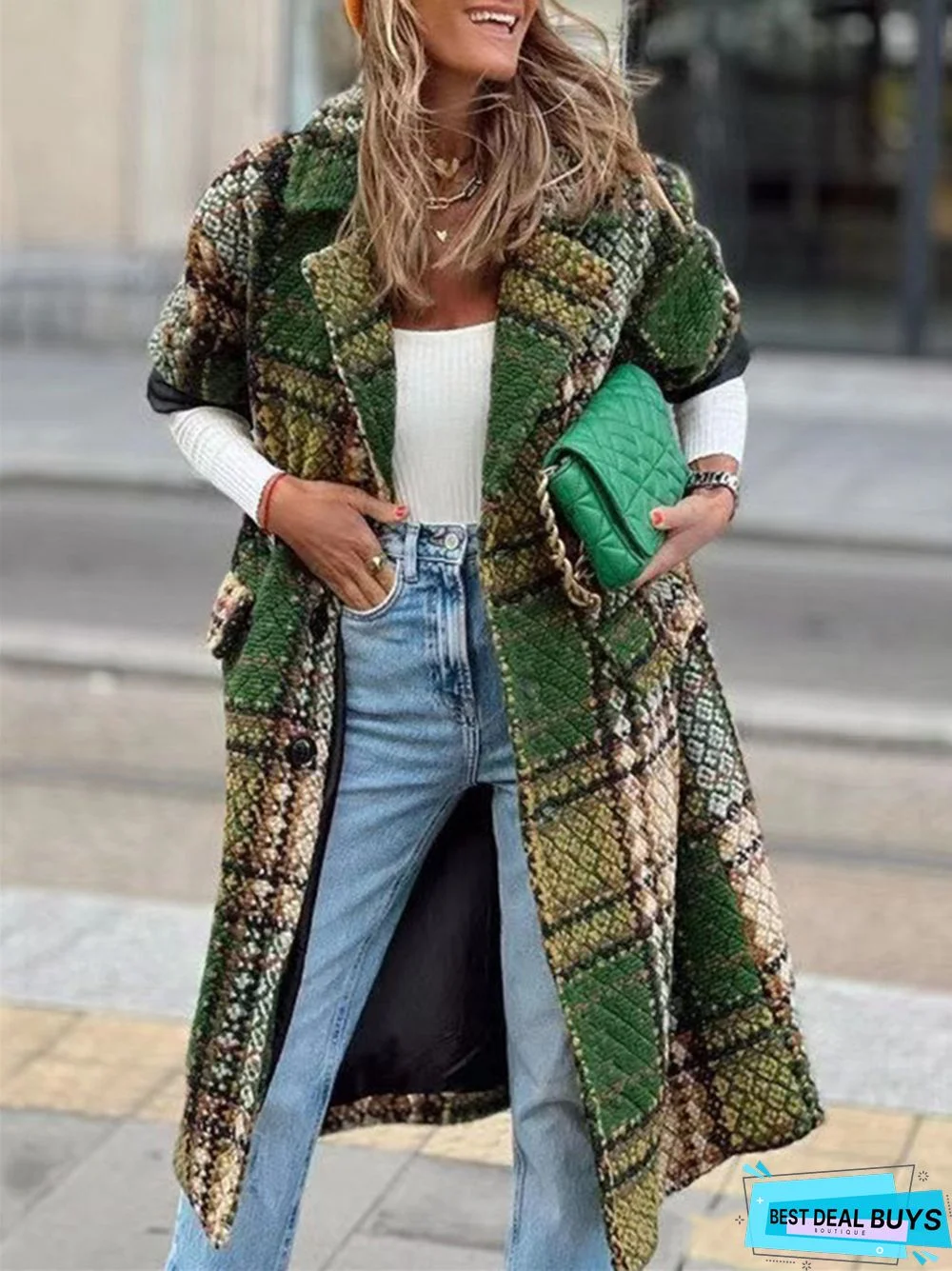 Fashionable Long Sleeve Lapel Print Long Coat