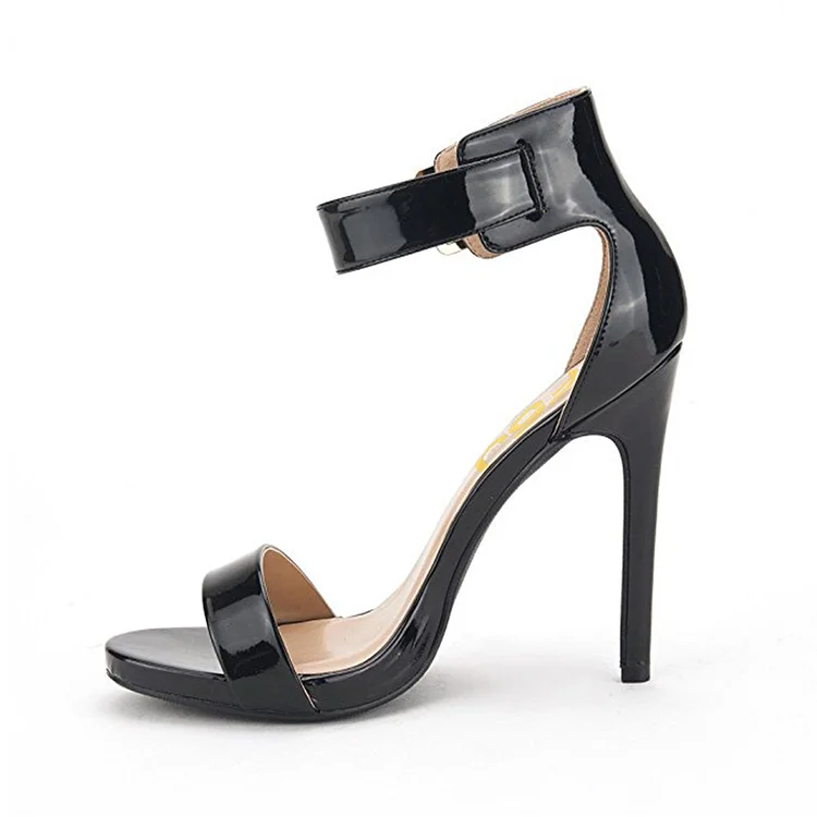 Black Patent Leather Open Toe Office Heels with Ankle Strap Vdcoo