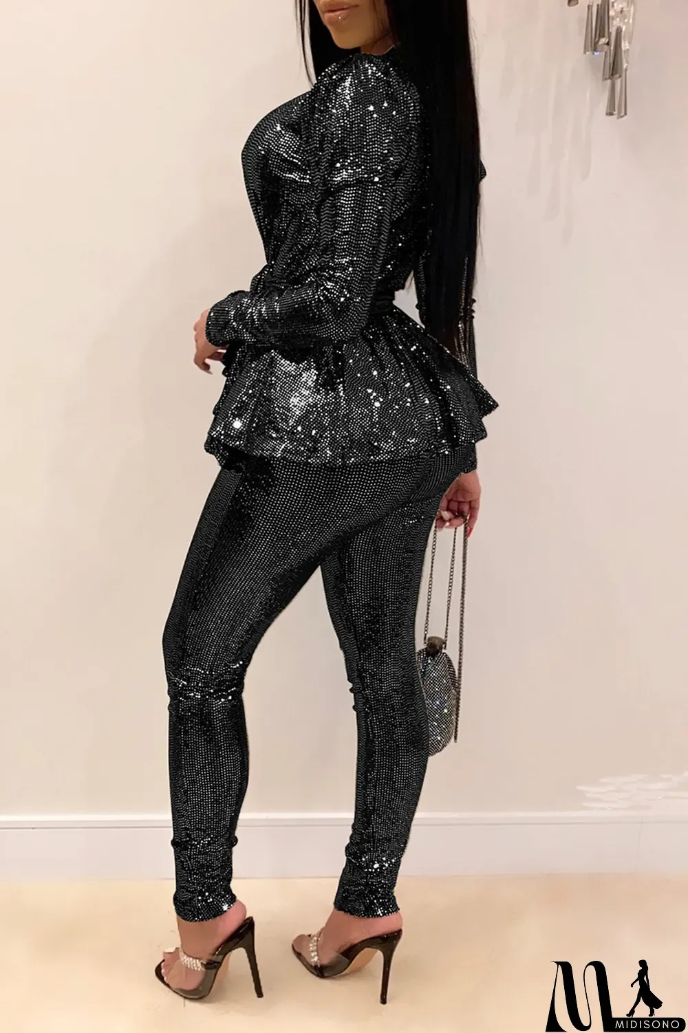 MidiSono - Black Fashion Slim Long-Sleeve V-Neck Two-Piece Set